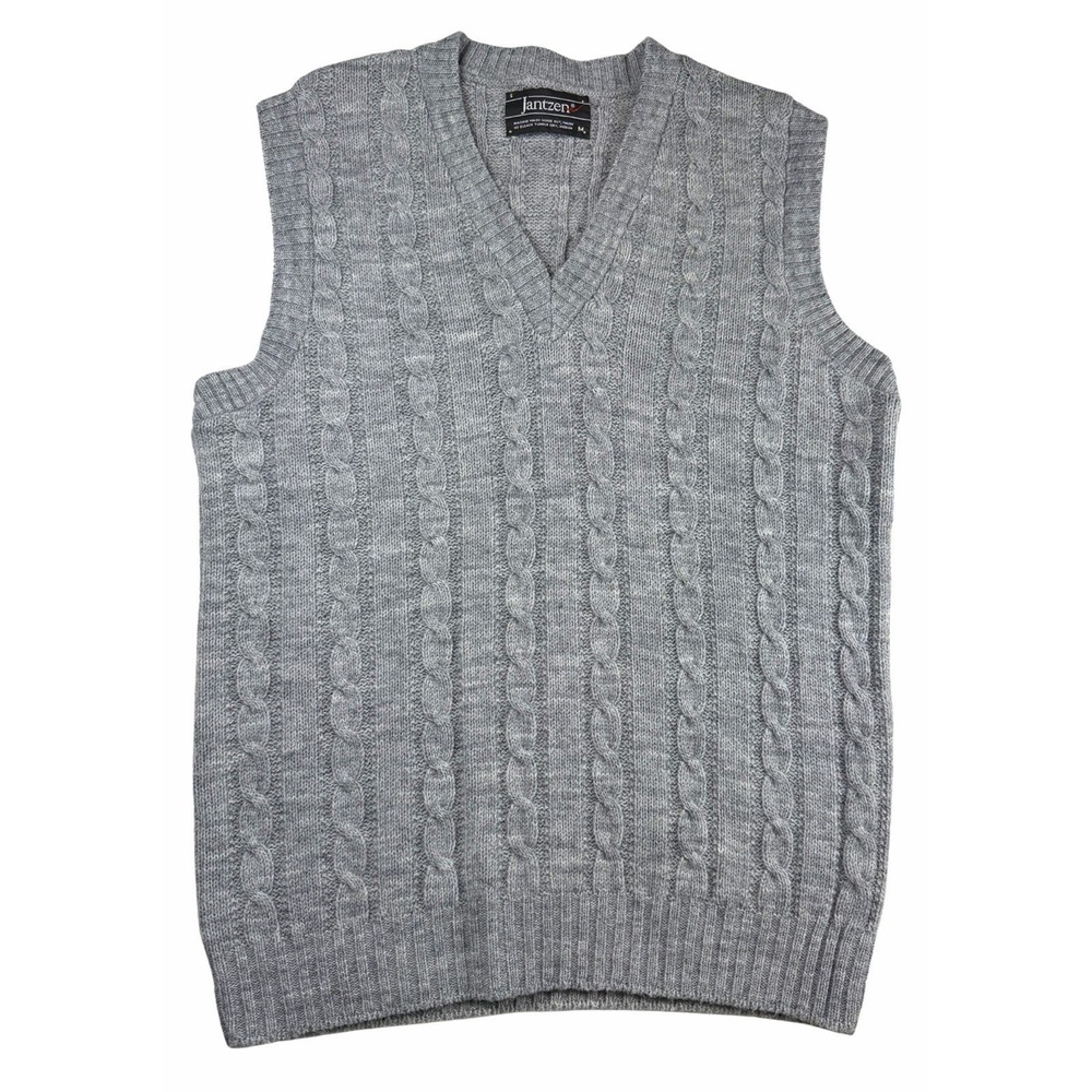 Vintage Jantzen Cable Knit Sweater Vest Mens Medium Gray Wool Blend Grandpa